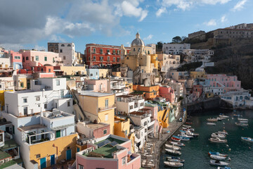 Aerial view of colourful fishermen's houses, on Procida Island, Bay of Naples, Italy.