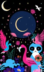 Meerkat, Flamingo, Night, Miami, Greeting card, un, Happy, Love, Warmth, Beauty, Elegance, Simplicity, Style, Trendy, Vibrant, Charm, Inspiration, Creativity, Imagination, Moon, Night, Generative Ai 