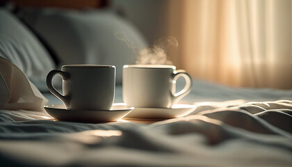 Coffee cups on bed in bedroom with morning light from a window. Generative AI