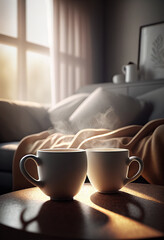 Fototapeta na wymiar Coffee cups on bed in bedroom with morning light from a window. Generative AI