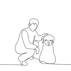 man squatting down and petting a dog while looking at the viewer - one line drawing vector. concept dog owner posing with pet, love for dogs