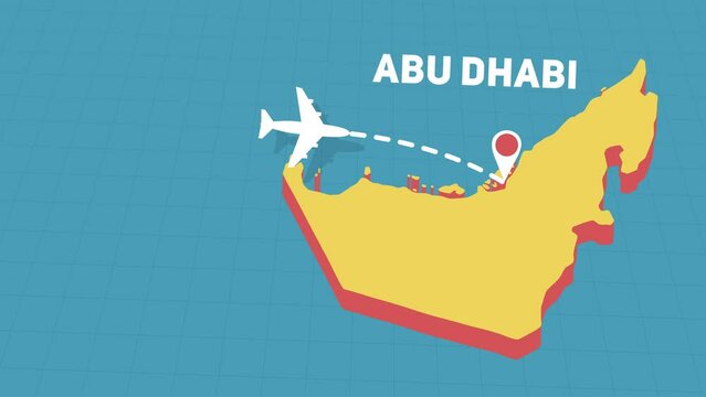 plane fly to Abu Dhabi in United Arab Emirates, 2d aircraft flight and landing animation with map of country, travel and holiday concept