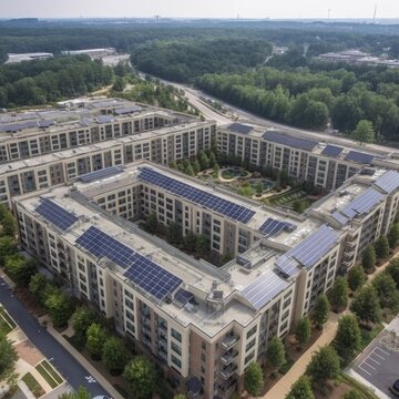Houses with solar panels, drone view. Residential complex with solar energy system. Ecology friendly buildings. Generative ai