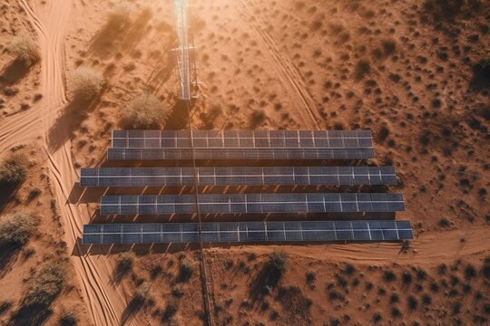Solar power plant with rows of large solar panels in a desert landscape. Drone (aerial) view. Sunny picture. Generative ai.