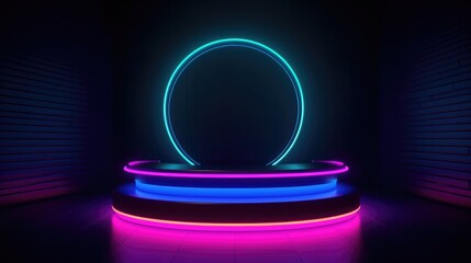 Neon Background. 3D abstract background with neon lights. Neon light effect. Glowing round podium - Generative AI
