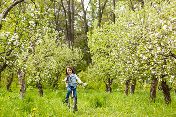 Obraz premium little girl with bicycle near tree with blossoms