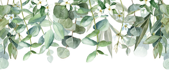 Seamless watercolor border with white flowers and eucalyptus greens. For wedding invitations, greetings, wallpapers, fashion, prints