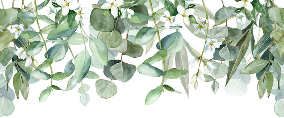 Seamless watercolor border with white flowers and eucalyptus greens. For wedding invitations, greetings, wallpapers, fashion, prints © ElenaDoroshArt