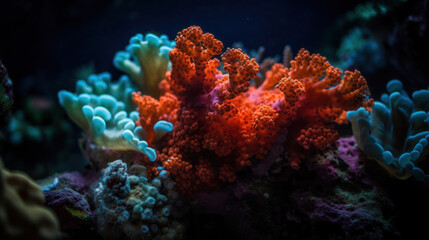 Naklejka na ściany i meble Fond marin, récif de corail multicolore dans mer tropicale