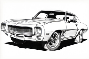 Plakat dessin noir et blanc d'une voiture de sport américaine des années 1960-1970