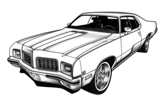 dessin noir et blanc d'une voiture de sport américaine des années 1960-1970