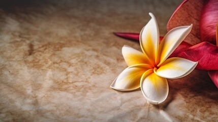 Fototapeta na wymiar Frangipani flower with leaf on brown ceramic background with copy space suitable for gift design, decorations. Generative ai