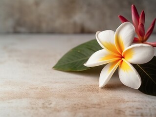 Frangipani flower with leaf on ceramic background with copy space suitable for gift design, decorations. Generative ai