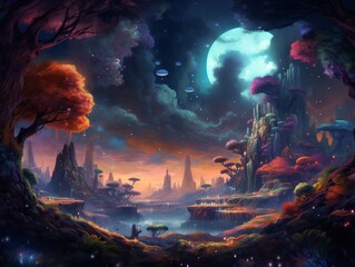 Fototapeta na wymiar Fantasy landscape, hills, trees, moon, sky, fantasy game concept art. Generative ai