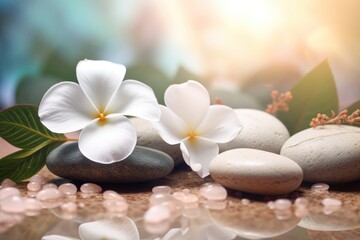 Fototapeta na wymiar White flowers white pebble stones and bokeh blurred multi color nature background spa environment Generative AI Illustration