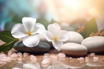 Foto op Canvas White flowers white pebble stones and bokeh blurred multi color nature background spa environment Generative AI Illustration © SVasco