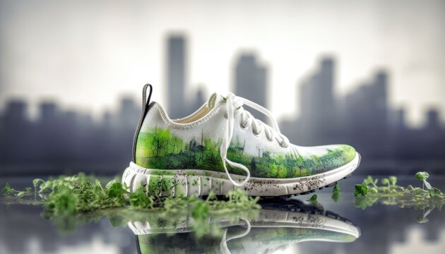 Carbon footprint sneaker shoe with greenery recycling and better environment Generative AI Illustration
