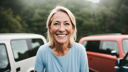 Portrait of happy woman with blond hair standing next to car camper on holidays. Blue sportive t-shirt. Generative AI
