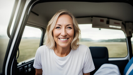 Portrait of mature happy blond woman on holidays sitting in van camper. Generative AI