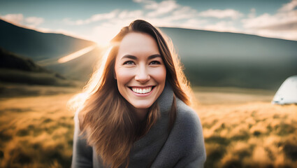Young woman portrait on blurry landscape background. Smiling face. Generative AI