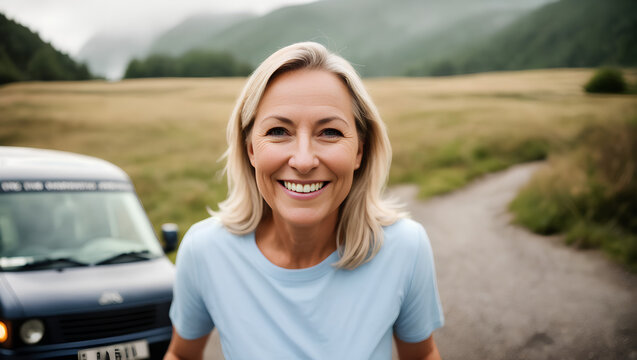 Portrait of mature smiling blond woman on holidays sitting next to car or van camper. Generative AI