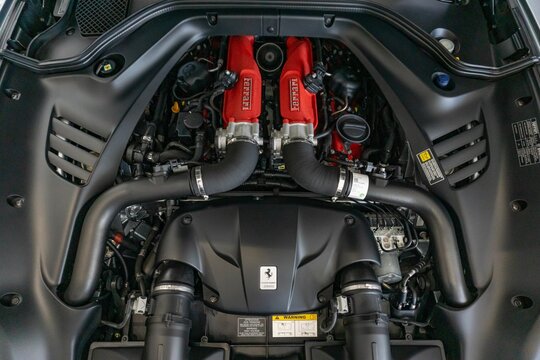 Closeup Of Ferrari Portofino Engine Bay, Red Engine Cover, V8 BiTurbo