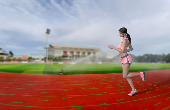Female runner training outdoor. Young woman running in stadium track. 3D illustration people.