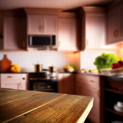 Wooden desk of free space and kitchen interior with firniture. 