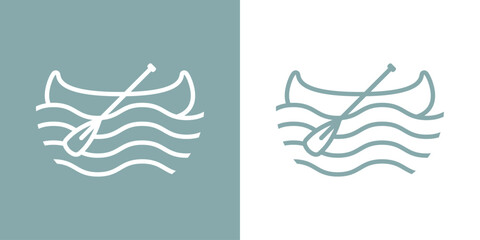 Icono canoa. Logo aislado con silueta lineal de remo cruzado sobre kayak o canoa con olas de mar	