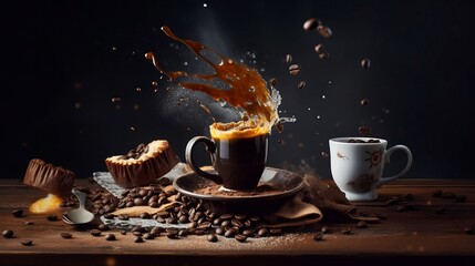 cup of coffee, epic, splash of coffee, coffee bean, food photography, Created using generative Al.