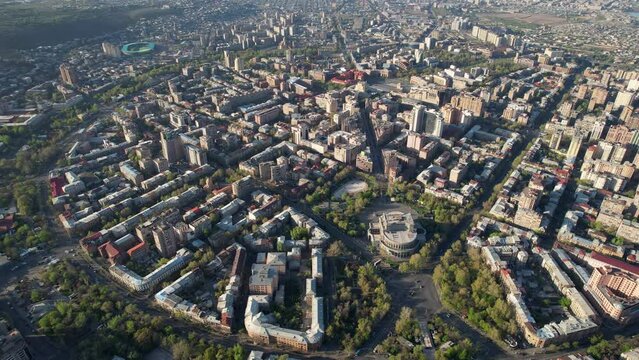 Panoramic drone shot of the centre of Yerevan on sunny spring morning. Armenia.