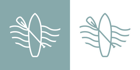 Logo club de paddle surf. Silueta lineal de tabla de paddle surf con remo cruzado con olas de mar © teracreonte