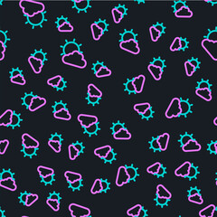 Line Sun and cloud weather icon isolated seamless pattern on black background. Vector