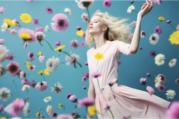 Obraz na płótnie Canvas woman beauty natural colorful peony flying spring falling art fashion flower. Generative AI.
