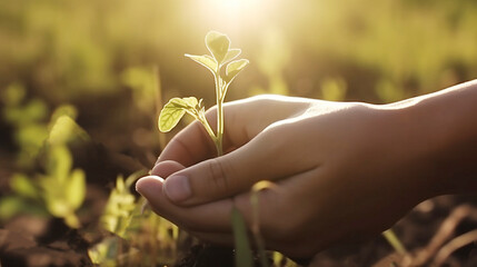 Farmer hand holding small tree for planting , concept green world earth day , investment concept, nurture Environmental concept, ecology soil  and seedling ,Generative AI 