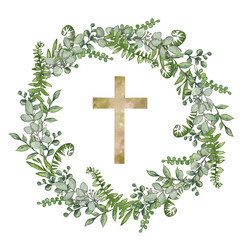 Graphic Easter Cross Clipart, Spring Floral Arrangements, Vintage Baptism Crosses DIY Invitation, Eucaliptus Greenery wedding clipart, Retro style Golden frame and foliage, Holy Spirit, Religious
