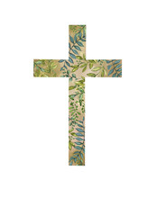 Cross with leaves, eucalyptus, herbs. Baptism, easter, church, Christianity