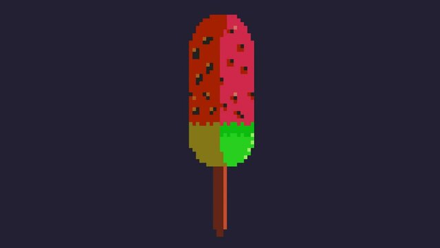 Pixel Watermelon ice cream twist (rotate) around itself on isolated dark background. Sweet refreshing popsicle. Video graphics animation for title 2D pixel: casual, platformer, indie ,role-playing, mo