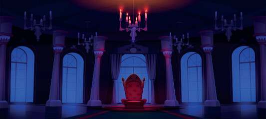 Night castle palace hall room with throne and spotlight cartoon background. Dark medieval ballroom game illustration with candles chandelier light and red king chair. Majestic costly decoration © klyaksun