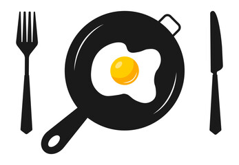 fried egg on a frying pan. Eggs in a black pan. For restaurant and cafe menu. Poster, card, banner, t-shirt design element.	

