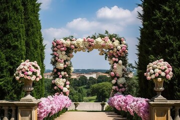 Elegant wedding arch with fresh flowers, vases on background ,wedding bouquet in the park, ai generative