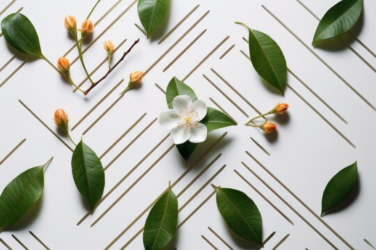 Creative flat lay spring composition with flowers, leaves and geometrical patterns. AI generated image.