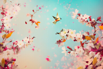 Obraz na płótnie Canvas valentine pastel falling nature pink flying peony flower blue art. Generative AI.