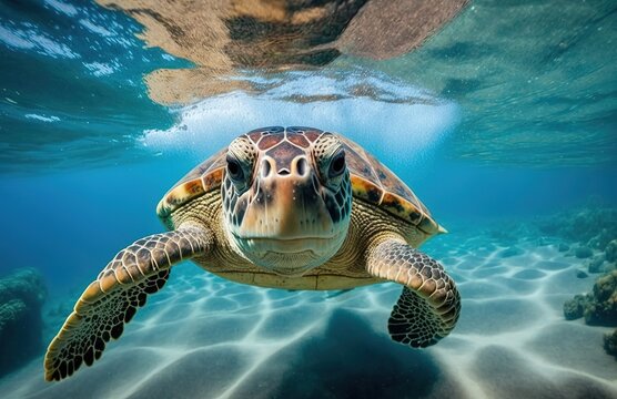 Egyptian sea turtle swimming in clear blue water Generative AI