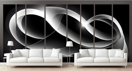Photo of a modern living room with a minimalist white couch against a sleek black wall
