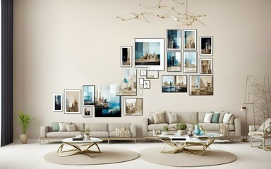 Photo of a cozy living room filled with an eclectic mix of framed artwork