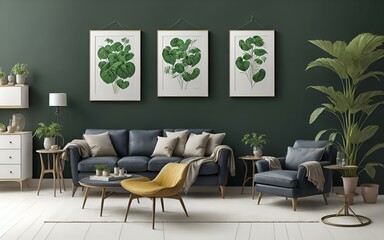 Photo of a stylish living room with green walls and matching furniture