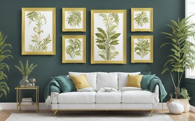 Photo of a cozy living room with green walls and decorative paintings