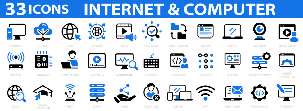 Internet & computer 33 icon set. Web icon set. Website set icon vector. Online, computer, network, website, server, web design, hardware, software. Vector illustration