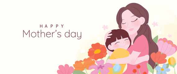 Happy mother's day background vector. Cute family watercolor wallpaper design with mom hugging kid, flowers. Mother's day concept illustration design for cover, banner, greeting card, decoration.
